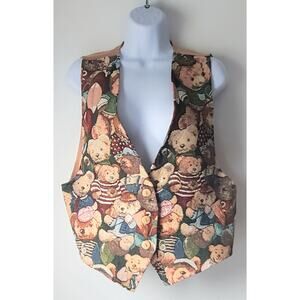Vintage Facets Womens Teddy Bear Tapestry Vest Size Medium Cute Feminine Granny